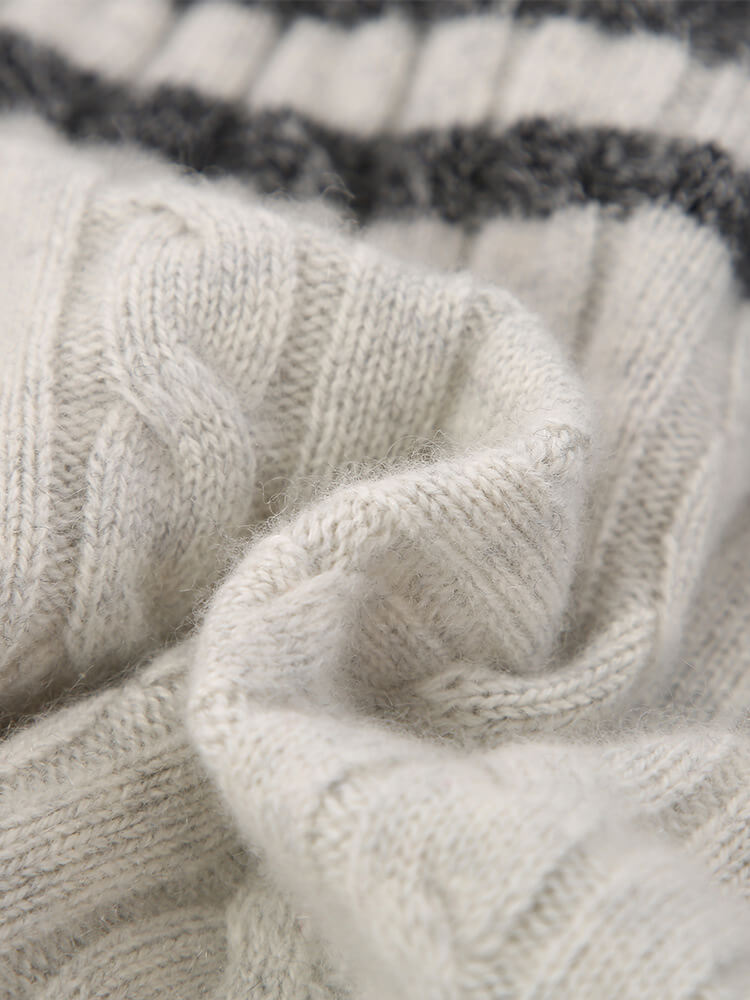 Cable Knit Cashmere Button Collar Sweater with Contrast Sleeves